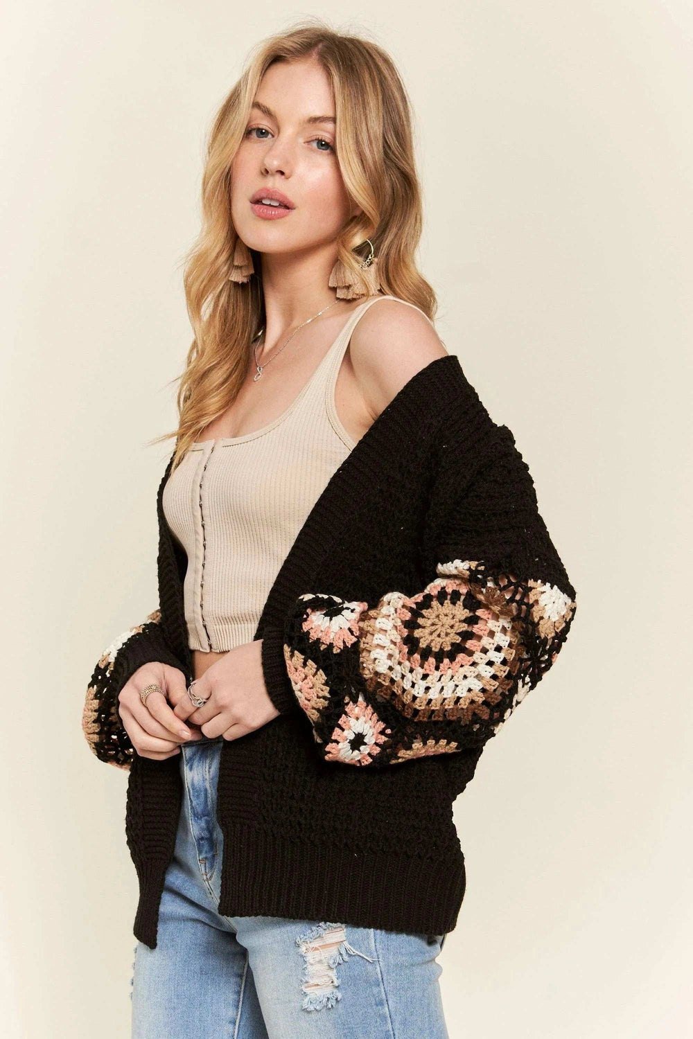 ADORA Multi Color Sleeve Crochet Cardigan - Trendsi - Flyclothing LLC