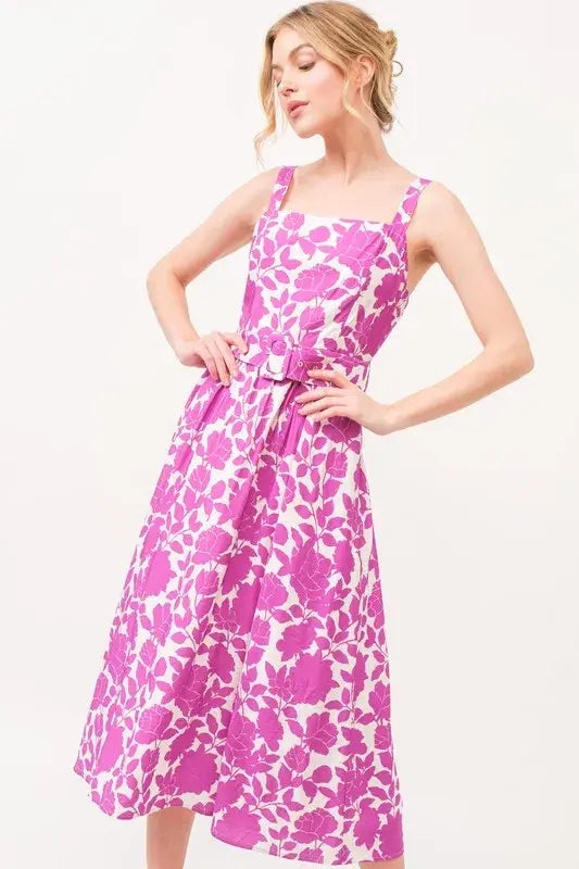And The Why Square Neck Belted Floral Printed Midi Dress - Trendsi - Flyclothing LLC