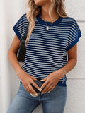 Striped Round Neck Short Sleeve Knit Top - Trendsi - Flyclothing LLC