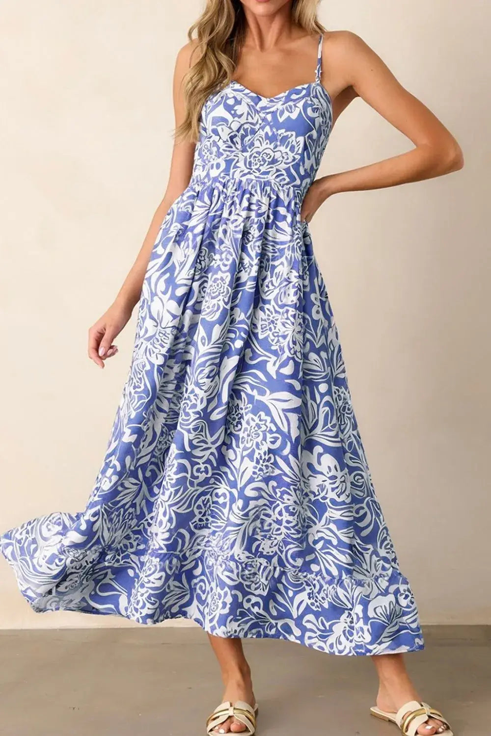 Floral Print Spaghetti Strap High Waist Dress - Trendsi - Flyclothing LLC
