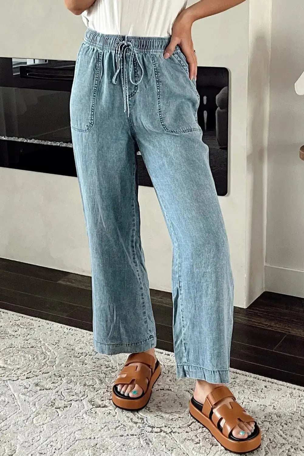 Drawstring High Waist Jeans with Pockets - Trendsi - Flyclothing LLC