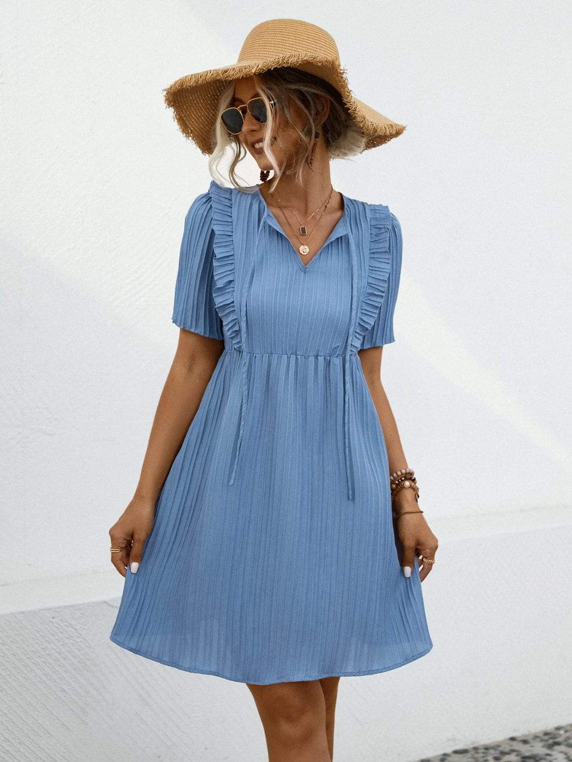 Tie Neck Short Sleeve Mini Dress - Trendsi - Flyclothing LLC