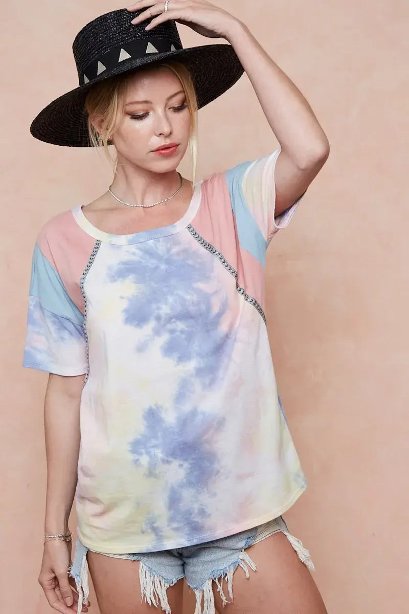 BiBi Tie Dye Printed Cotton Color Block T-Shirt - Trendsi - Flyclothing LLC