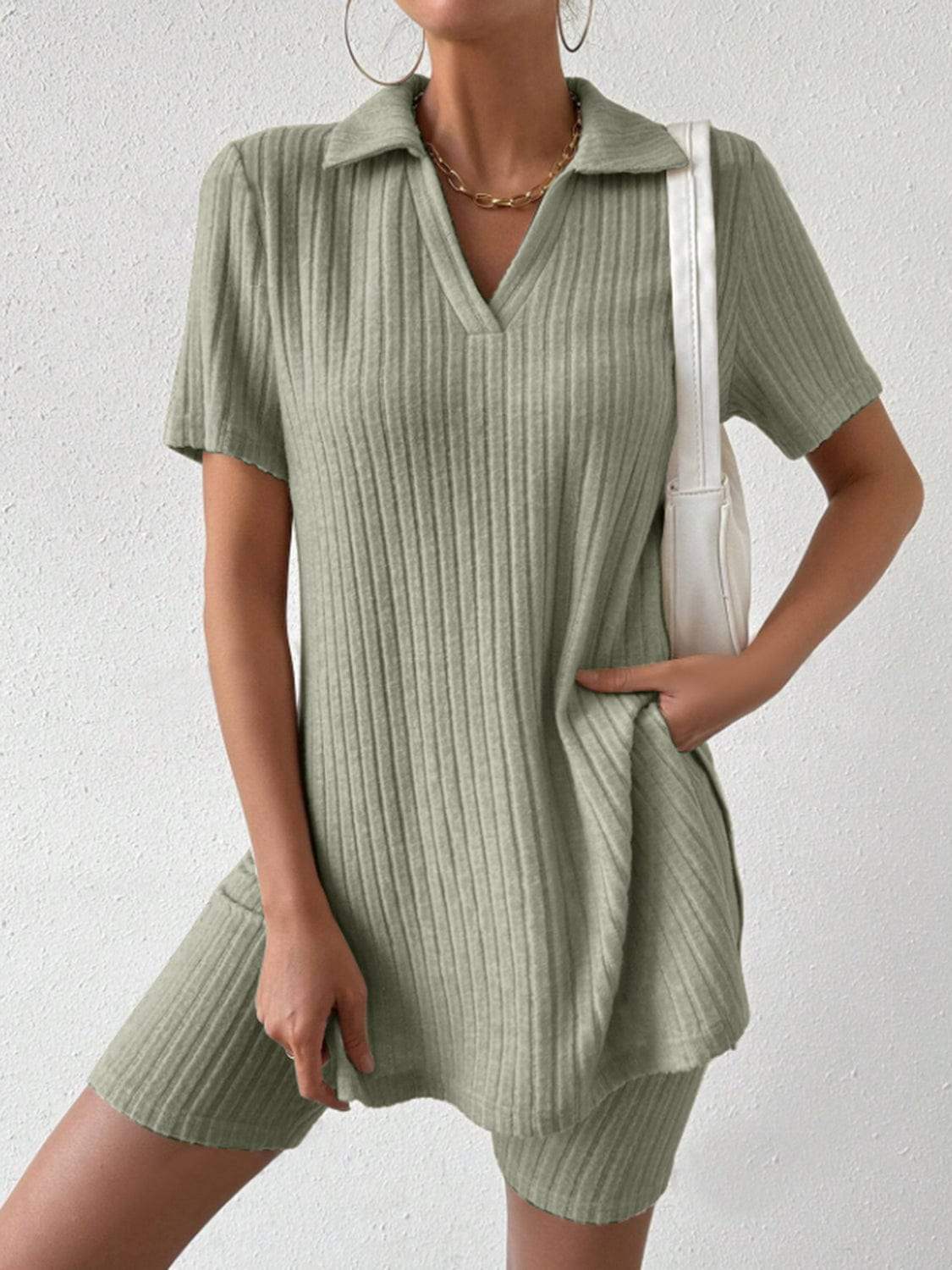 Johnny Collar Short Sleeve Top and Shorts Set - Trendsi - Flyclothing LLC