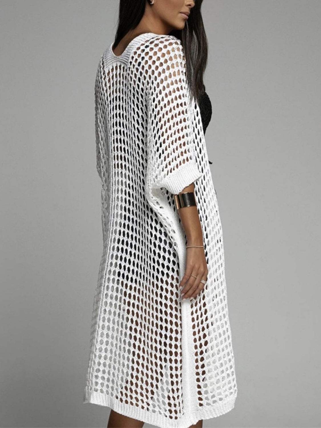 Openwork Open Front Three-Quarter Sleeve Cover Up - Trendsi - Flyclothing LLC