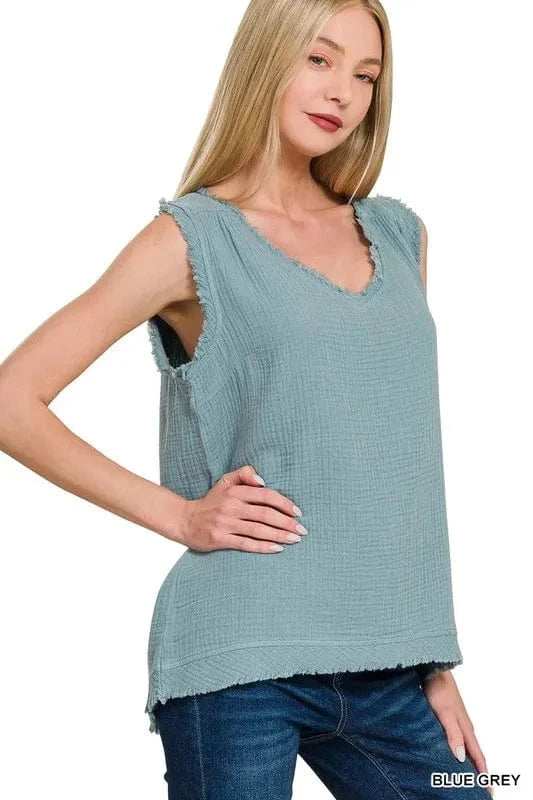 Zenana Double Gauze Raw Edge V-Neck Tank - Trendsi - Flyclothing LLC