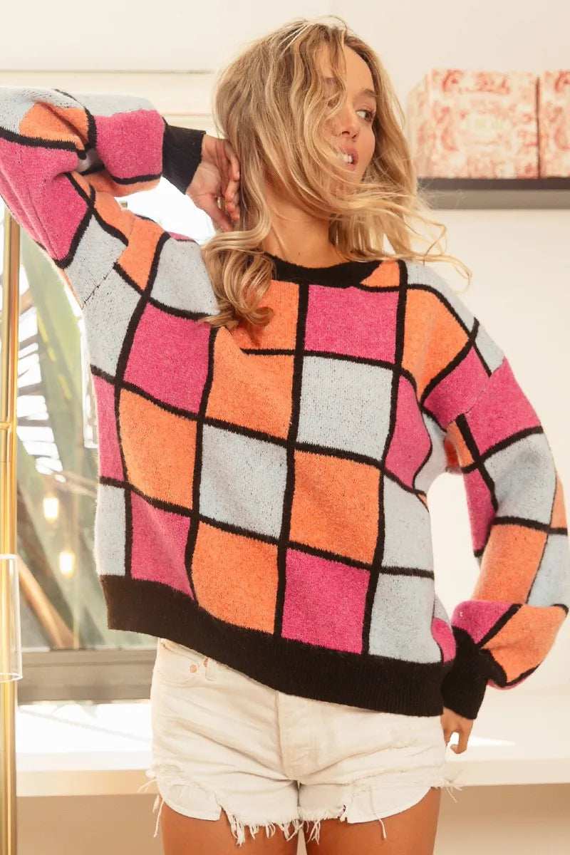 BiBi Multi Color Checker Pattern Sweater - Trendsi - Flyclothing LLC