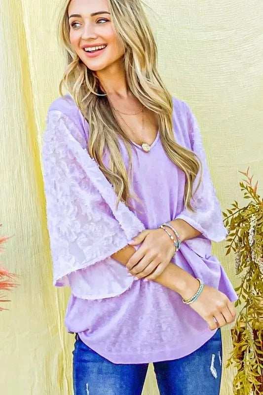 And The Why Feather Detailed 3/4 Sleeve Slub Top - Trendsi - Flyclothing LLC
