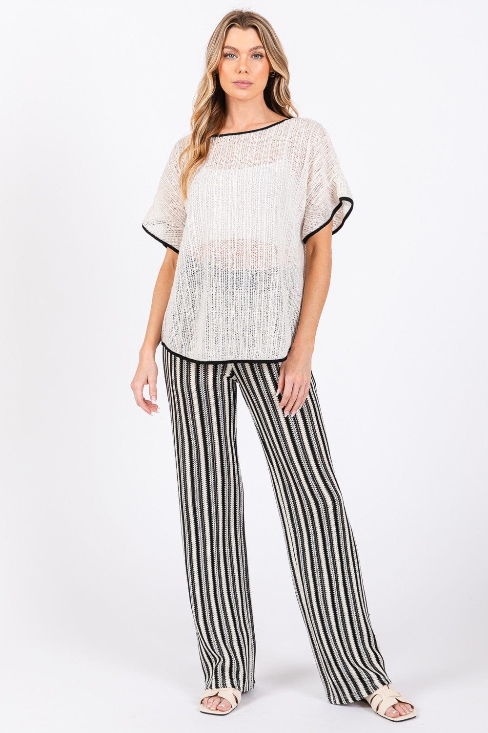 GeeGee Contrast Trim Short Sleeve Knit Cover Up - Trendsi