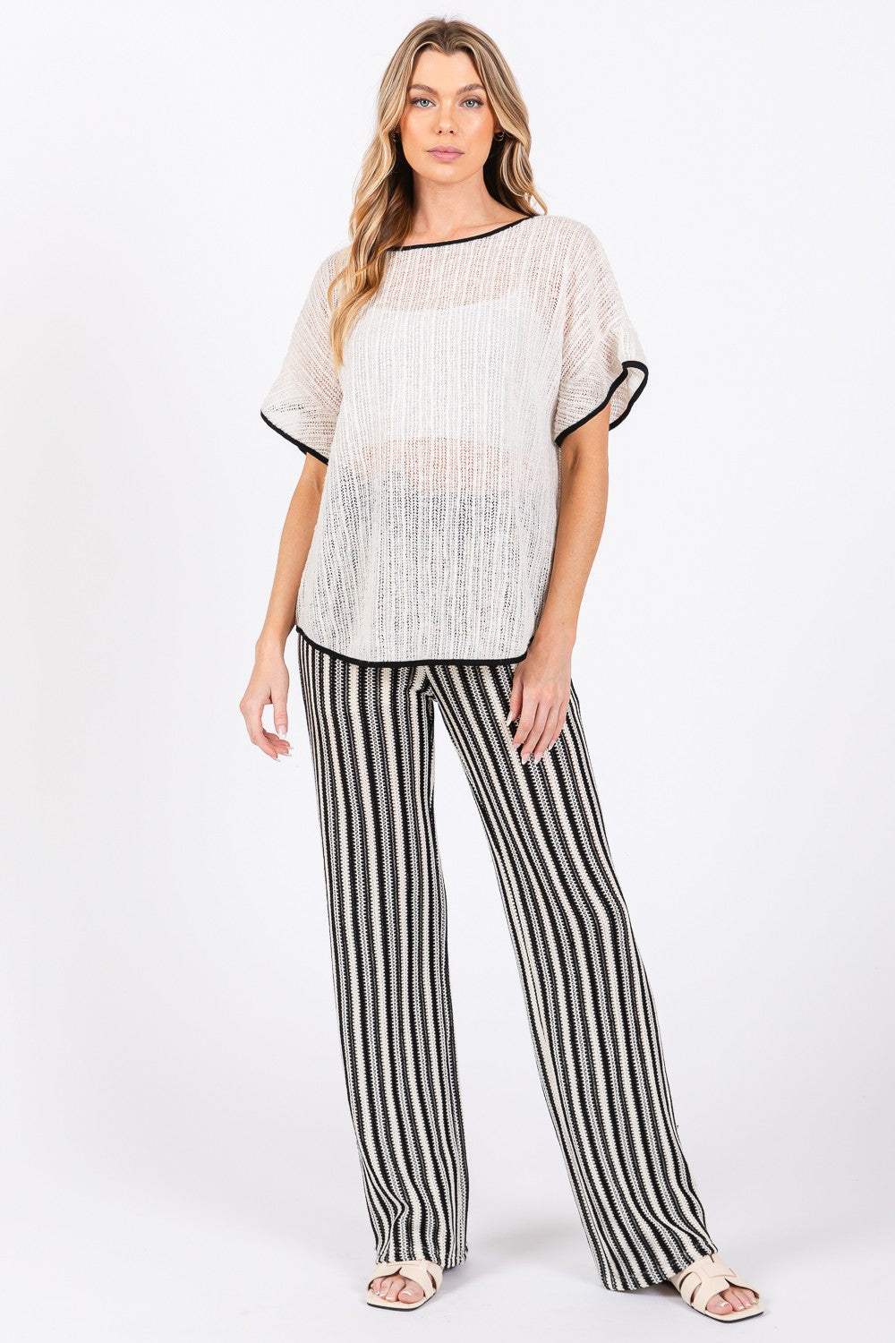 GeeGee Contrast Trim Short Sleeve Knit Cover Up - Trendsi - Flyclothing LLC