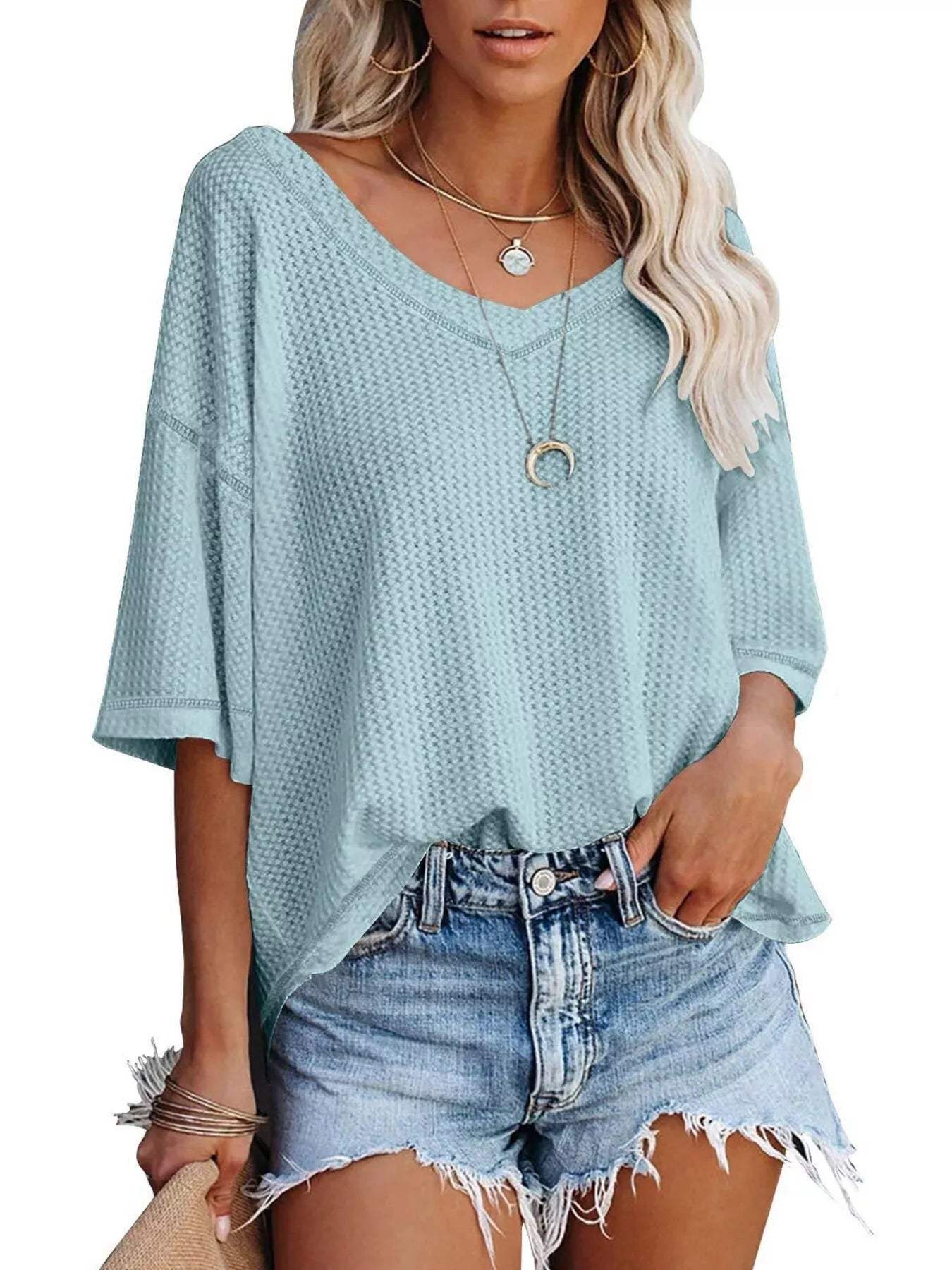 Waffle Knit V-Neck Short Sleeve T-Shirt - Trendsi - Flyclothing LLC