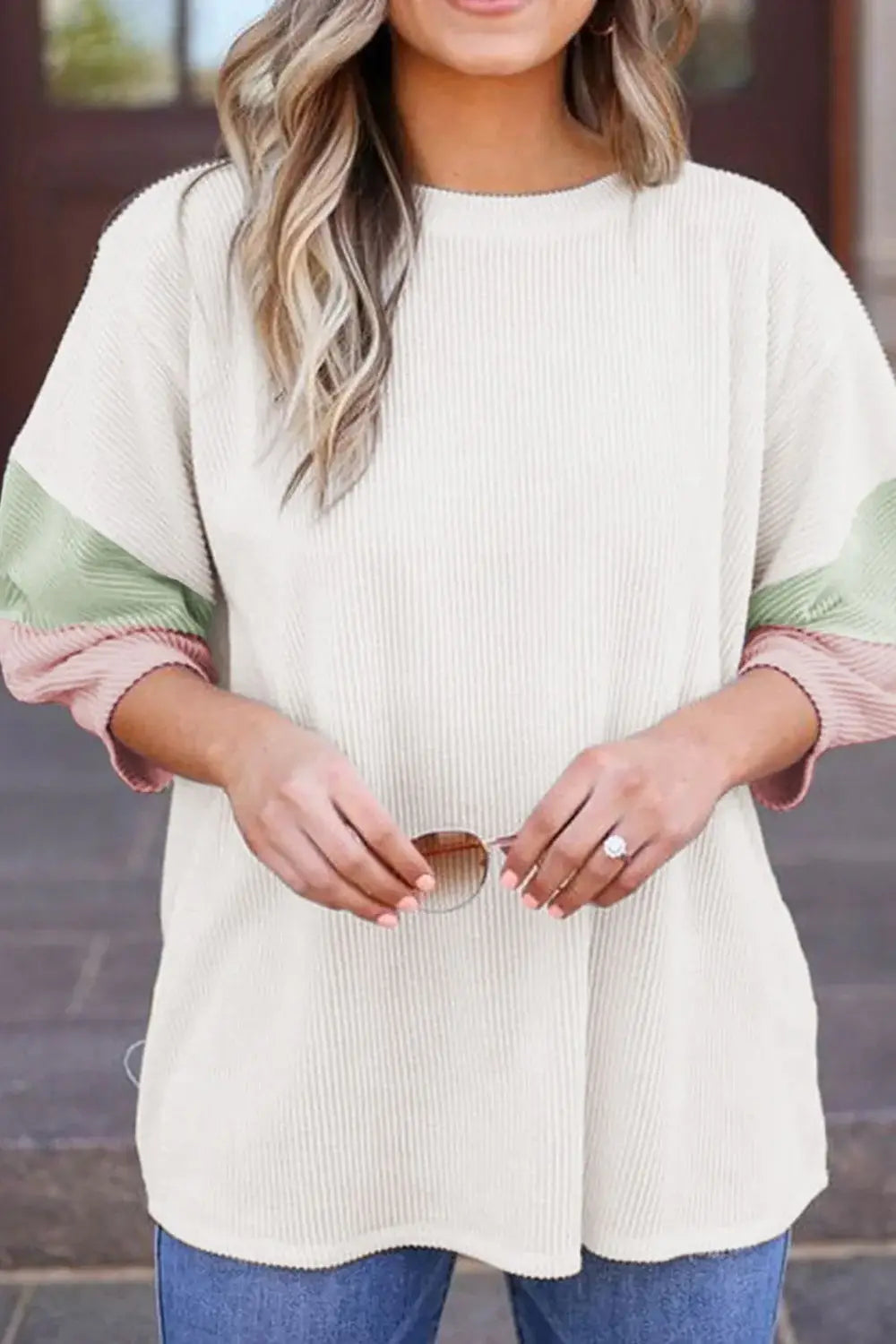 Color Block Ribbed Knit Three-Quarter Sleeve Top - Trendsi - Flyclothing LLC