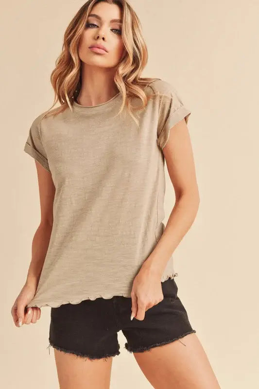 Aemi + Co Lettuce Edge Round Neck Short Sleeve T-Shirt - Trendsi - Flyclothing LLC