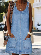 Casual Scoop Neck Sleeveless Denim Dress - Trendsi - Flyclothing LLC