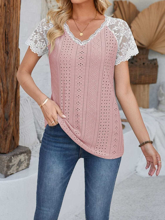 Eyelet Lace Detail V-Neck Short Sleeve Top - Trendsi - Flyclothing LLC