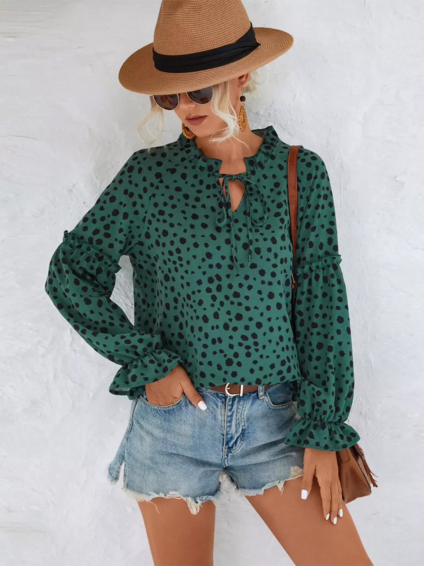 Animal Print Tie Neck Flounce Sleeve Blouse - Trendsi - Flyclothing LLC