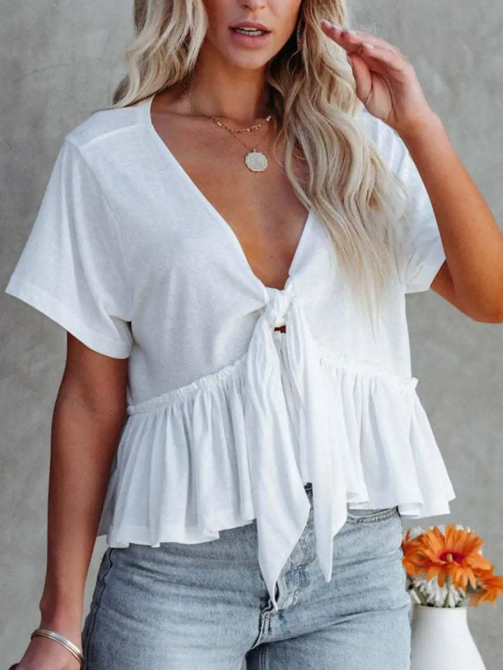 Tied Plunge Short Sleeve Blouse - Trendsi - Flyclothing LLC