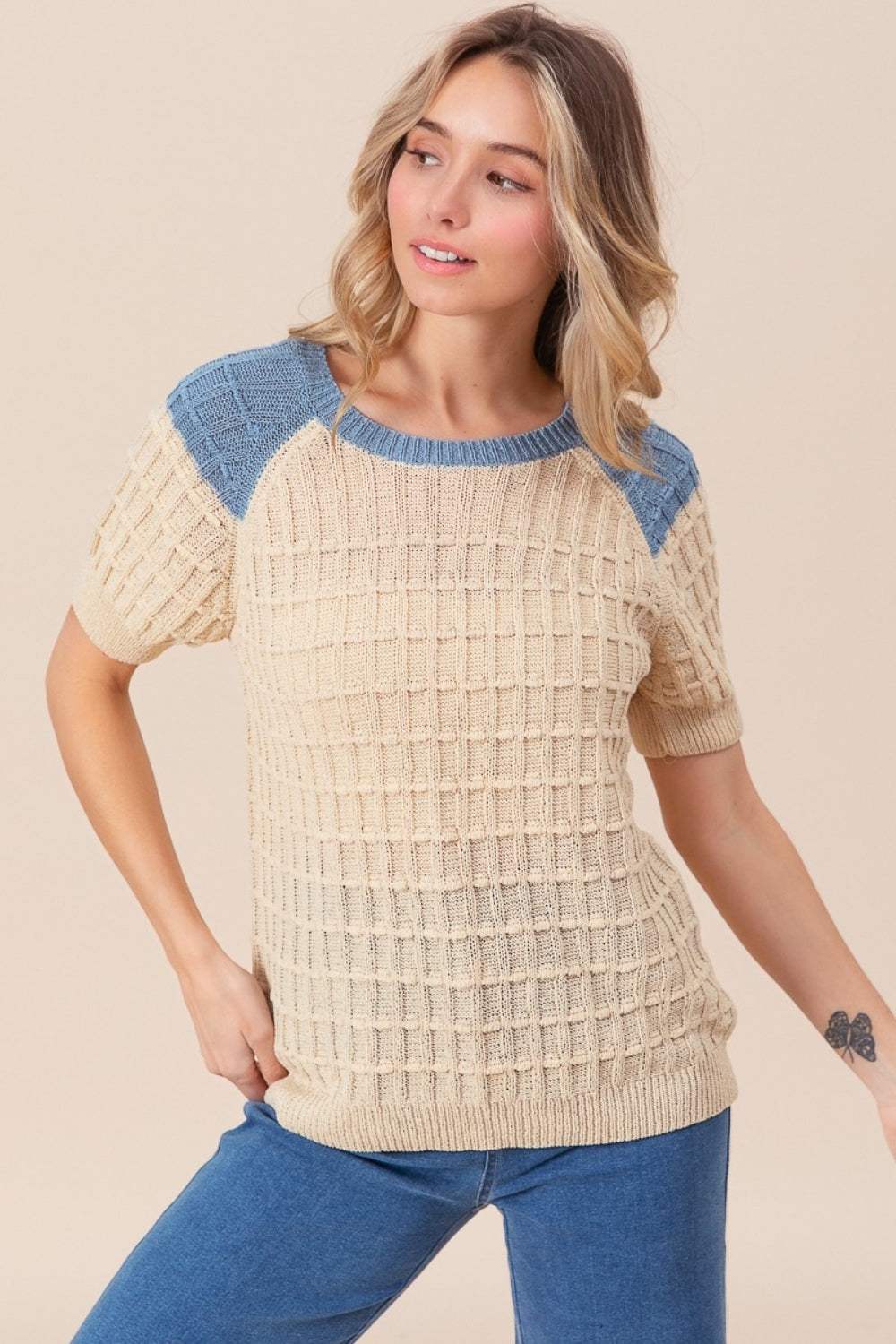 BiBi Textured Contrast Short Sleeve Sweater - Trendsi - Flyclothing LLC
