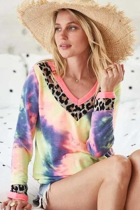 BiBi Tie Dye Terry V-Neck Top - Trendsi - Flyclothing LLC