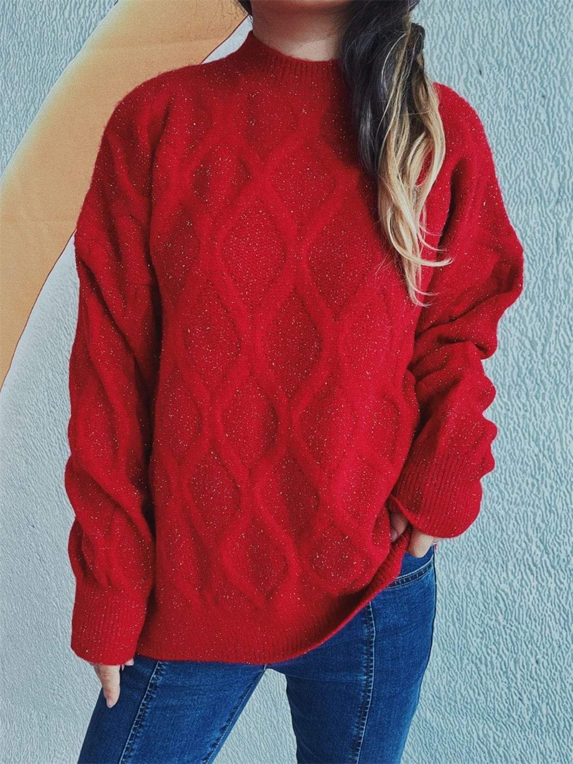 Diamond Round Neck Long Sleeve Sweater - Trendsi - Flyclothing LLC