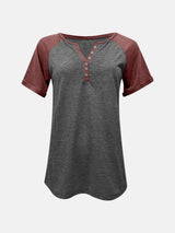 Contrast Notched Short Sleeve T-Shirt - Trendsi - Flyclothing LLC