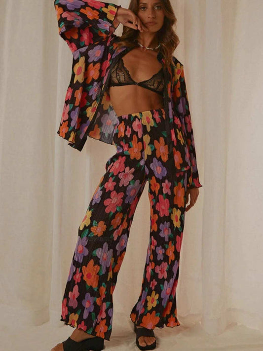 Printed Collared Neck Long Sleeve Top and Pants Lounge Set - Trendsi - Flyclothing LLC