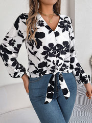 Printed V-Neck Long Sleeve Blouse - Trendsi