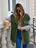 Pocketed Contrast Snap Down Hooded Jacket - Trendsi