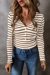 Striped V-Neck Long Sleeve Top - Trendsi - Flyclothing LLC