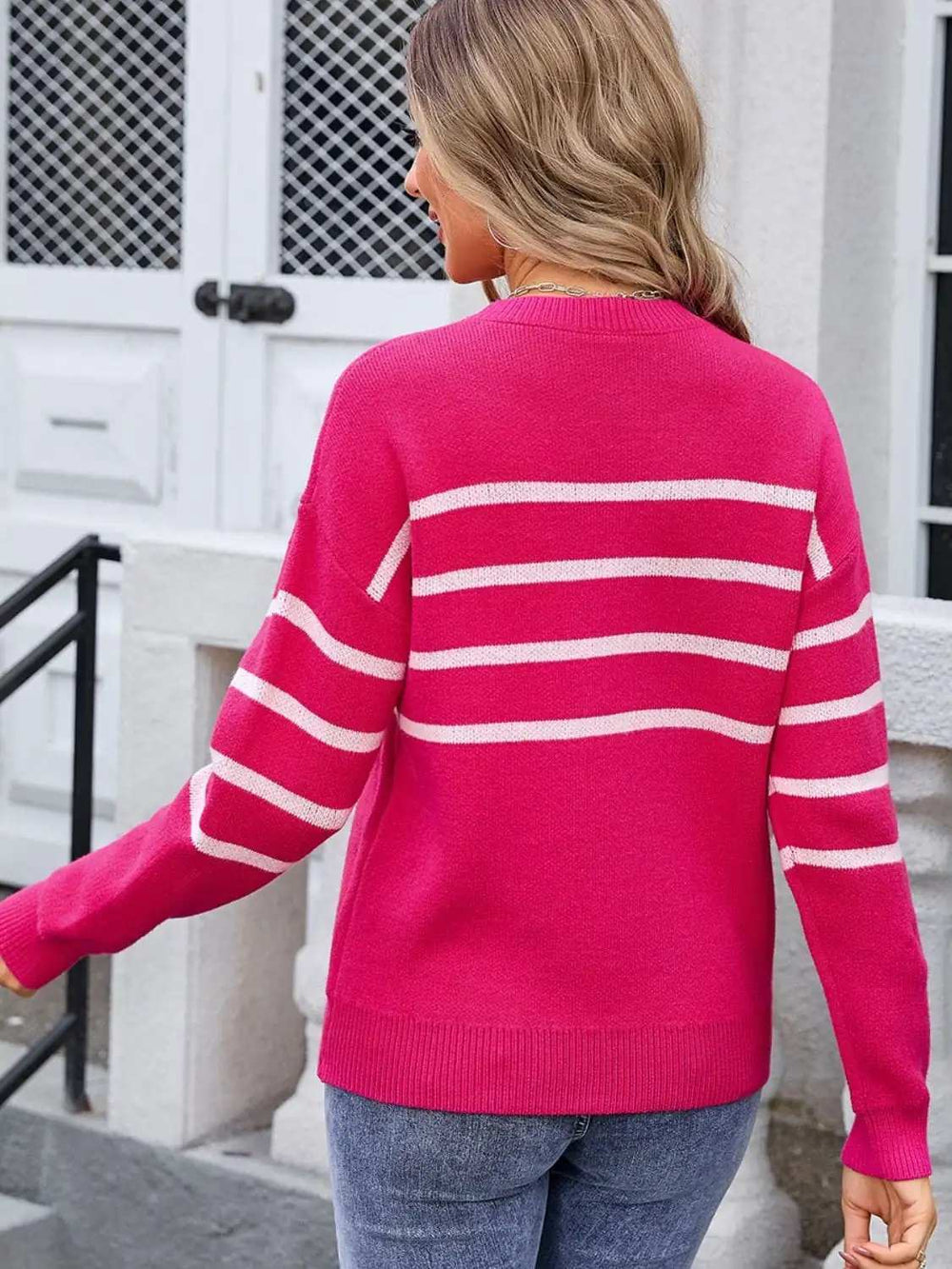 Striped Round Neck Long Sleeve Sweater - Trendsi - Flyclothing LLC