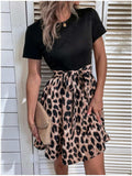 Tied Front Contrast Leopard Short Sleeve Mini Dress - Trendsi - Flyclothing LLC
