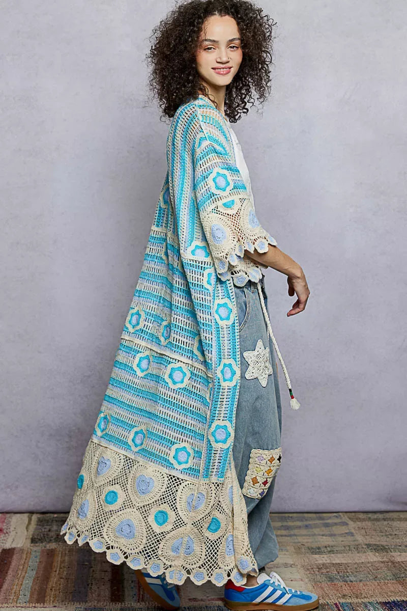 POL Striped and Floral Pattern Crochet Longline Cardigan - Trendsi - Flyclothing LLC