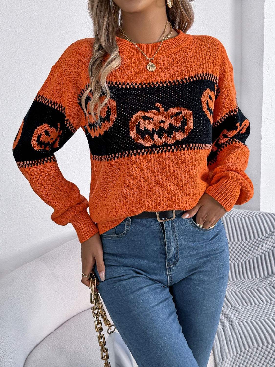 Pumpkin Round Neck Long Sleeve Sweater - Trendsi - Flyclothing LLC