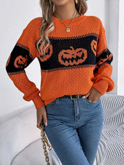 Pumpkin Round Neck Long Sleeve Sweater - Trendsi