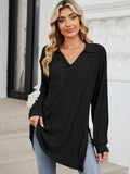 Slit Johnny Collar Long Sleeve T-Shirt - Trendsi - Flyclothing LLC