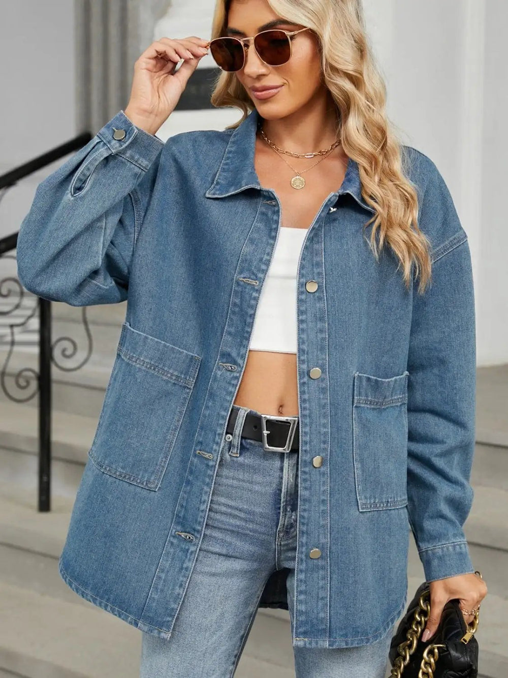 Removable Hood Button Up Long Sleeve Denim Jacket - Trendsi