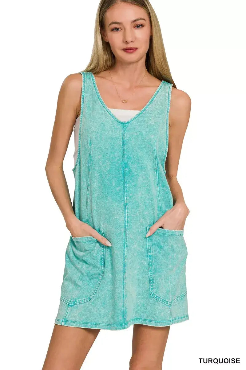 Zenana Acid Washed Overall Knit Mini Dress - Trendsi - Flyclothing LLC