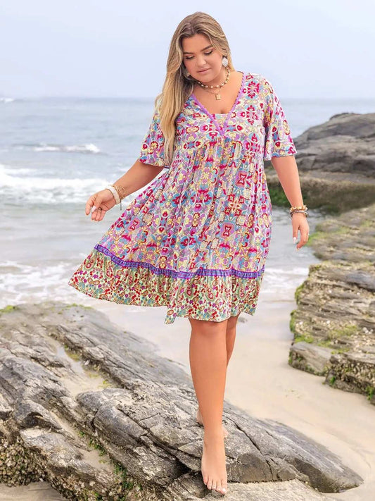 Plus Size Lace Detail Printed Half Sleeve Dress - Trendsi - Flyclothing LLC