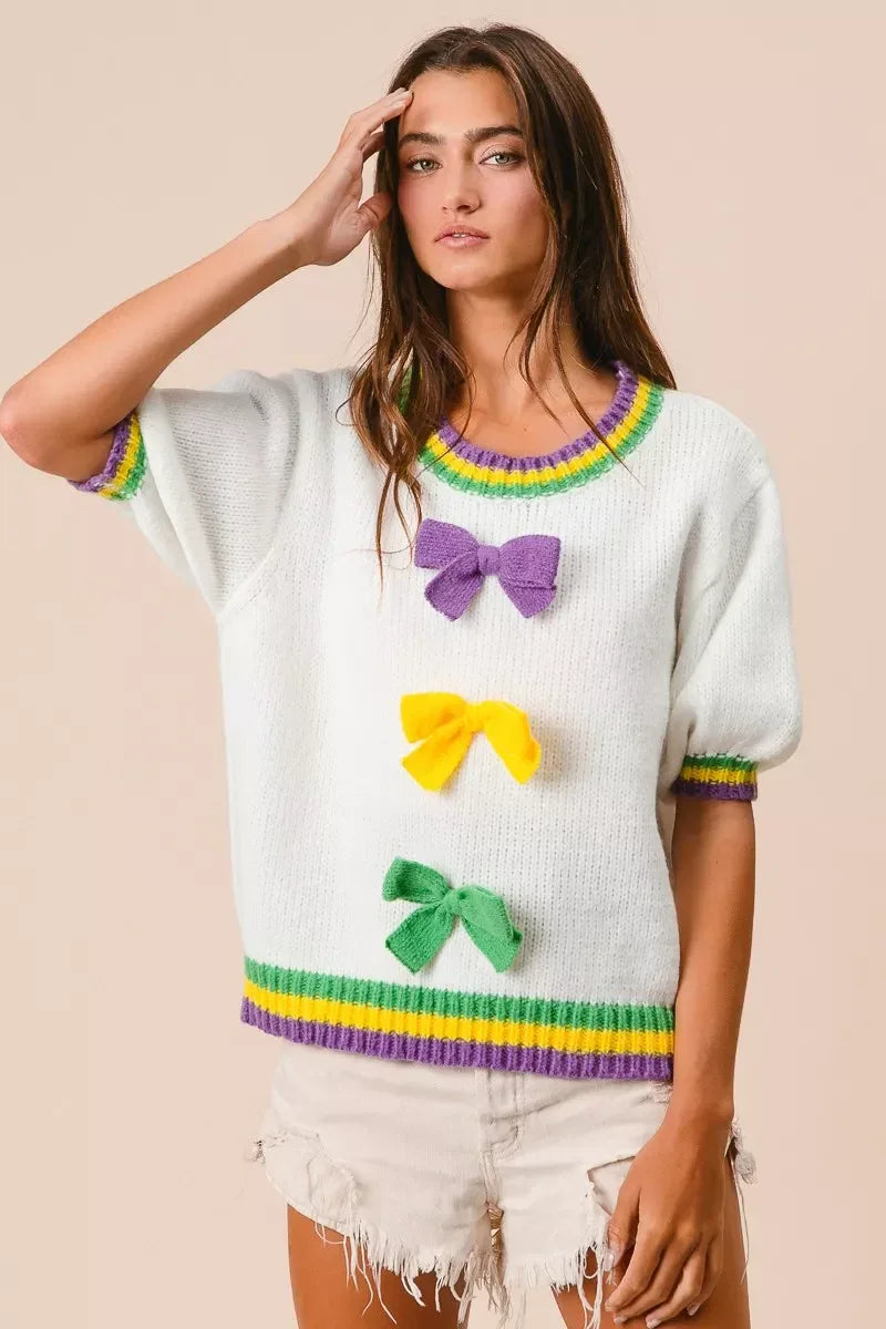 BiBi Short Puff Sleeve Ribbon Bow Mardi Gras Sweater - Trendsi - Flyclothing LLC