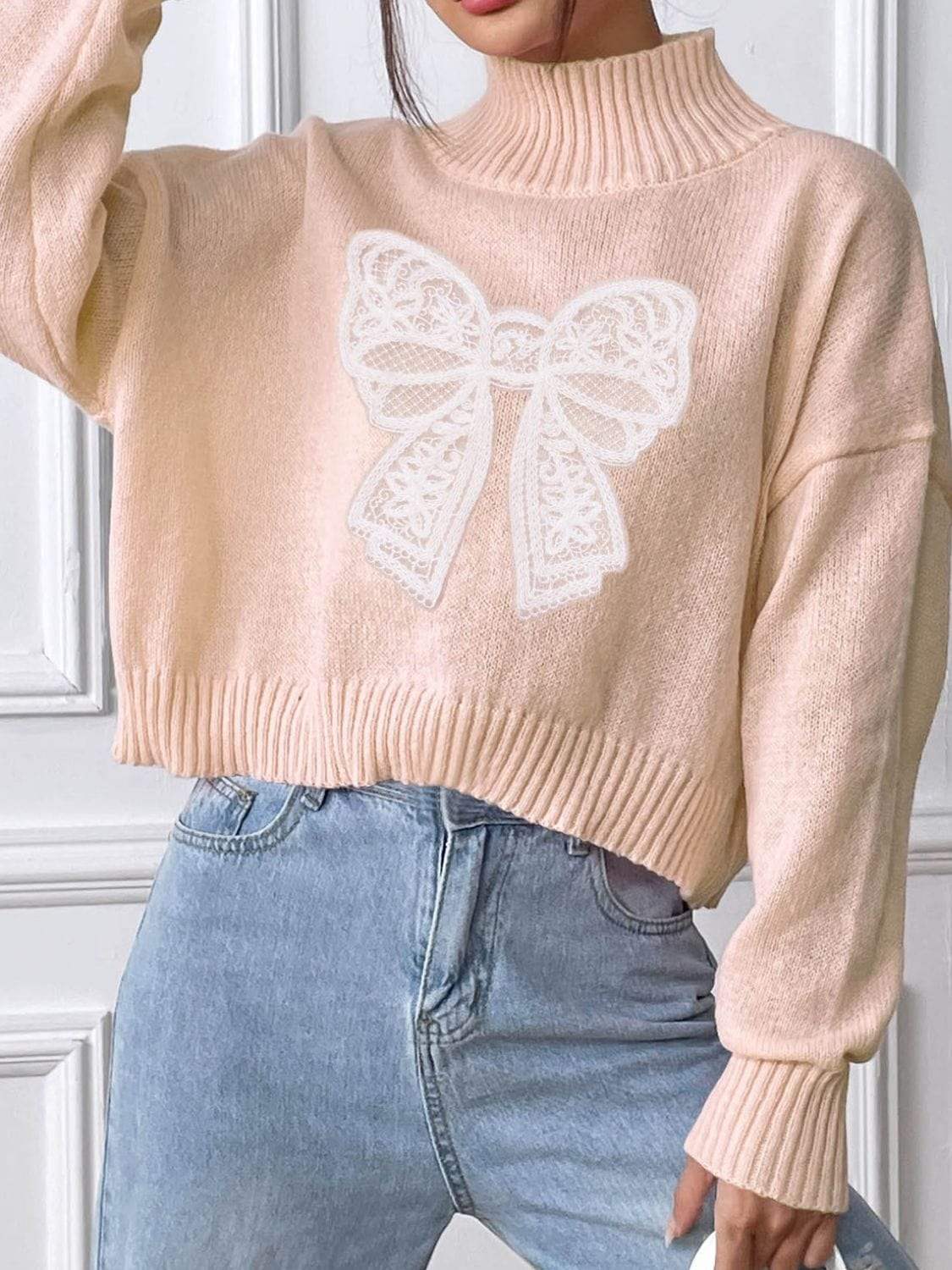Bow Turtleneck Long Sleeve Sweater - Trendsi - Flyclothing LLC