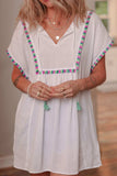 Tassel Tie Neck Short Sleeve Blouse - Trendsi - Flyclothing LLC