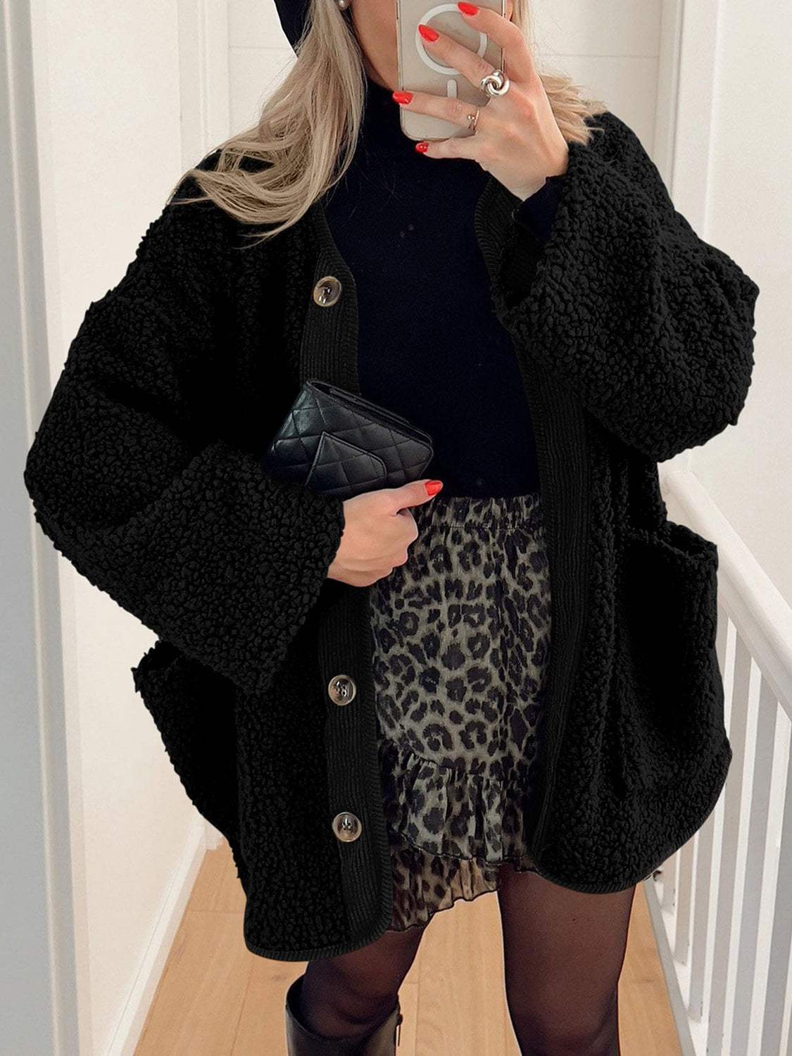 Contrast Button Up Sherpa Jacket with Pockets - Trendsi - Flyclothing LLC
