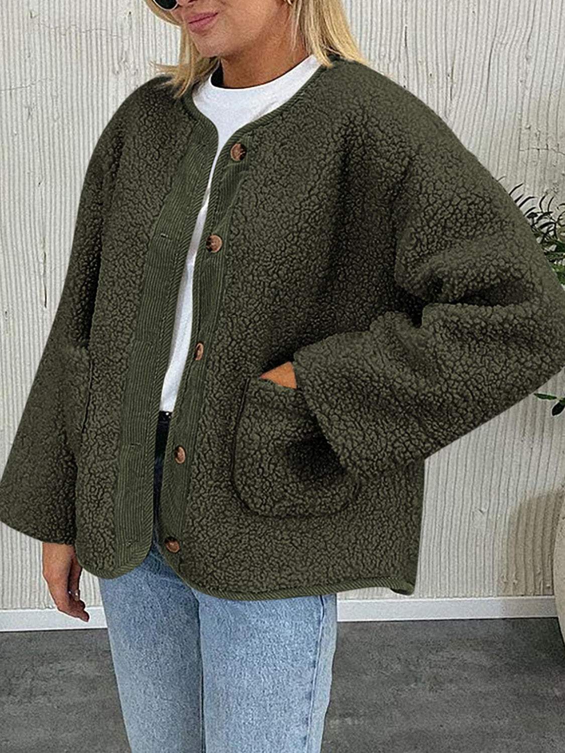 Contrast Button Up Sherpa Jacket with Pockets - Trendsi - Flyclothing LLC