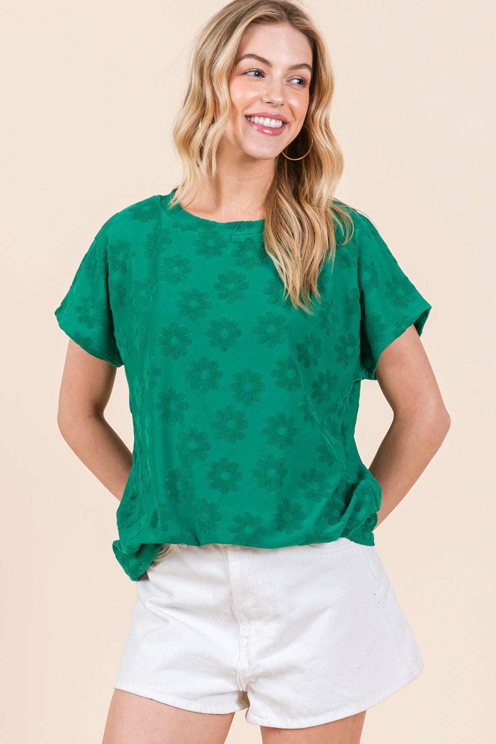 BOMBOM Textured Floral Pattern Short Sleeve T-Shirt - Trendsi - Flyclothing LLC