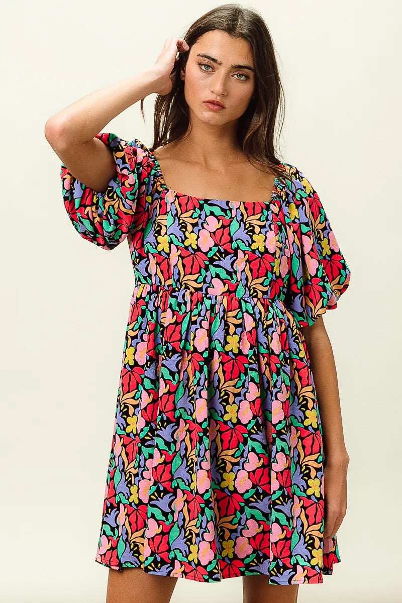 BiBi Floral Print Puff Square Neck Dress - Trendsi - Flyclothing LLC