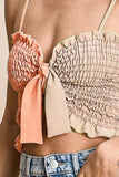 BiBi Woven Color Block Smocked with Ribbon Bra Top - Trendsi