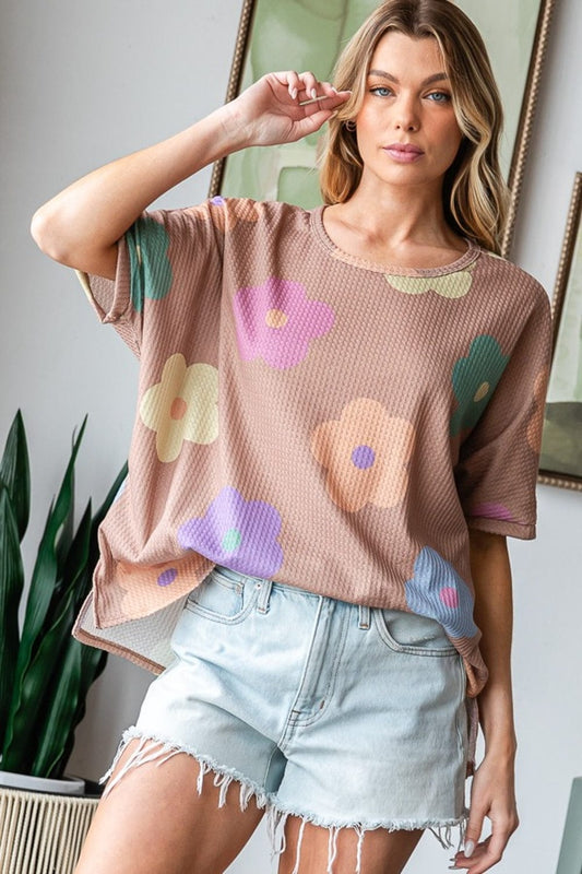 HOPELY Full Size Floral Round Neck Side Slit Waffle T-Shirt - Trendsi