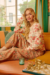 BiBi Floral Print Washed Waffle Thermal Top With Thumb - Trendsi - Flyclothing LLC
