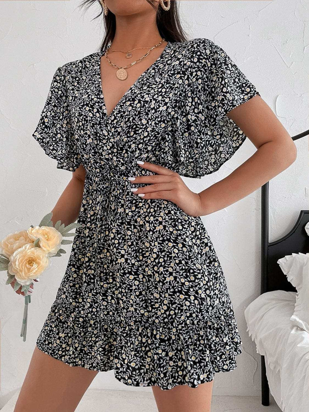Cutout Ditsy Floral Surplice Flounce Sleeve Dress - Trendsi - Flyclothing LLC