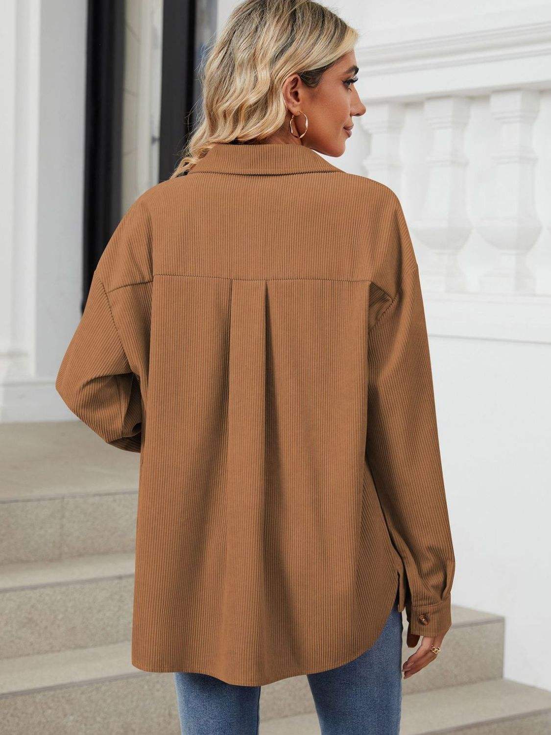 Button Up Dropped Shoulder Long Sleeve Outerwear - Trendsi - Flyclothing LLC